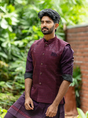 Deep Maroon Sequin Textured Cotton Kurta With Jacket For Men - Diadem