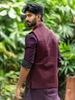Deep Maroon Sequin Textured Cotton Kurta With Jacket For Men - Diadem