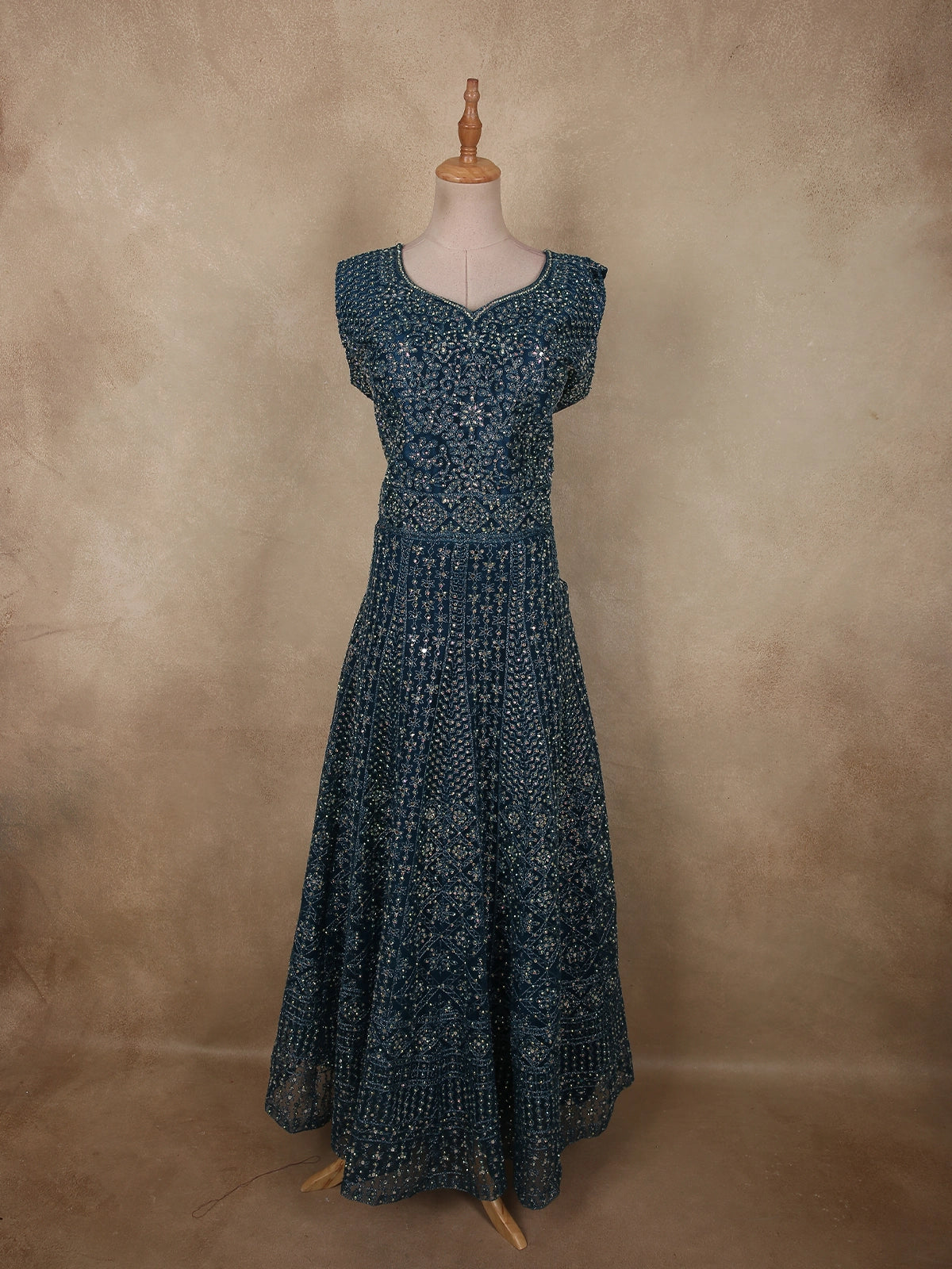 casual yellow dresses Deep Midnight Teal Blue Heavy Sequins and Stone Embellished Design Net  Party Wear Gown
