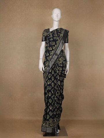 Deep Navy Blue Abstract Printed Cotton Saree - Diadem