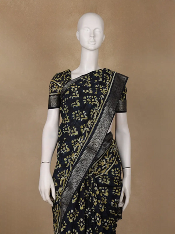 Deep Navy Blue Abstract Printed Cotton Saree - Diadem