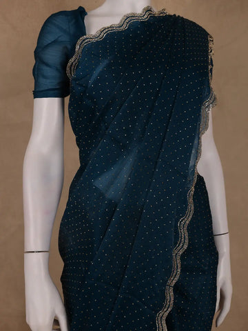 Deep Navy Blue Dotted Sequin Work Organza Saree - Diadem