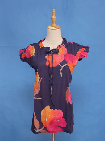 Deep Navy Blue Floral Design Cotton Kurti Top - Diadem