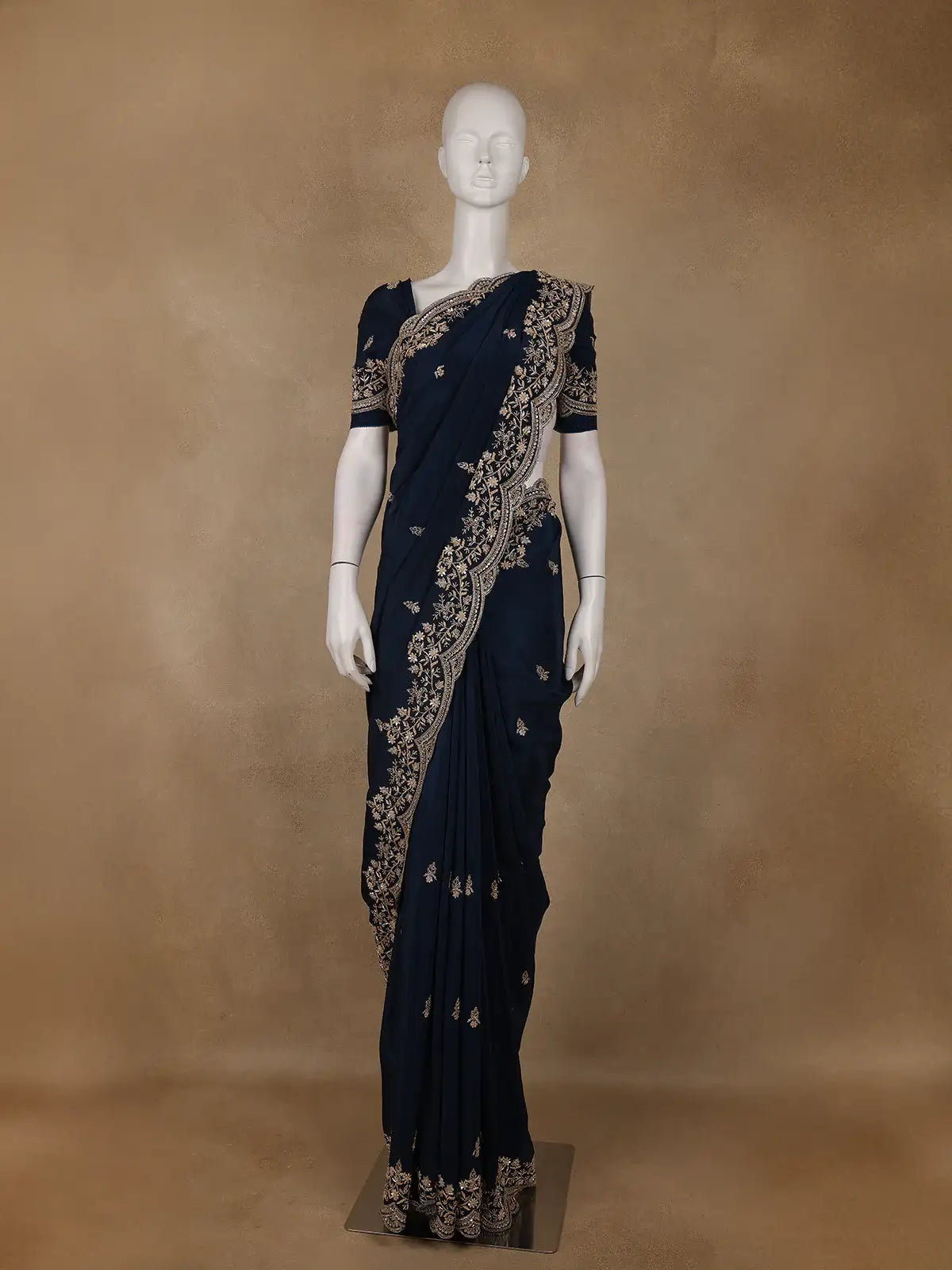 Deep Navy Blue Floral Embroidered Sequence Design Satin Saree - Diadem