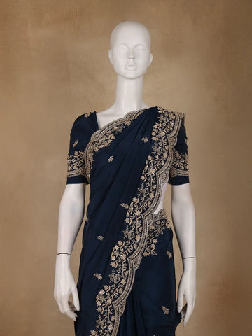 Deep Navy Blue Floral Embroidered Sequence Design Satin Saree - Diadem