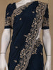 Deep Navy Blue Floral Embroidered Sequence Design Satin Saree - Diadem
