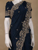 Deep Navy Blue Floral Embroidered Sequence Design Satin Saree - Diadem