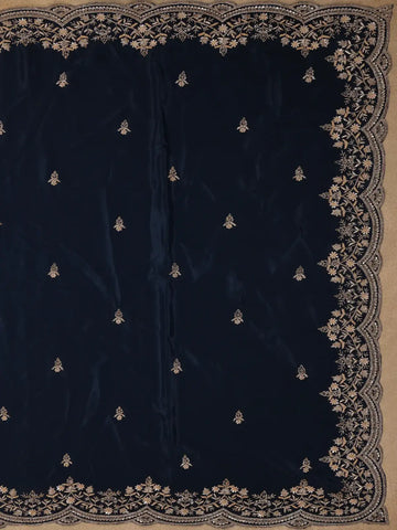 Deep Navy Blue Floral Embroidered Sequence Design Satin Saree - Diadem