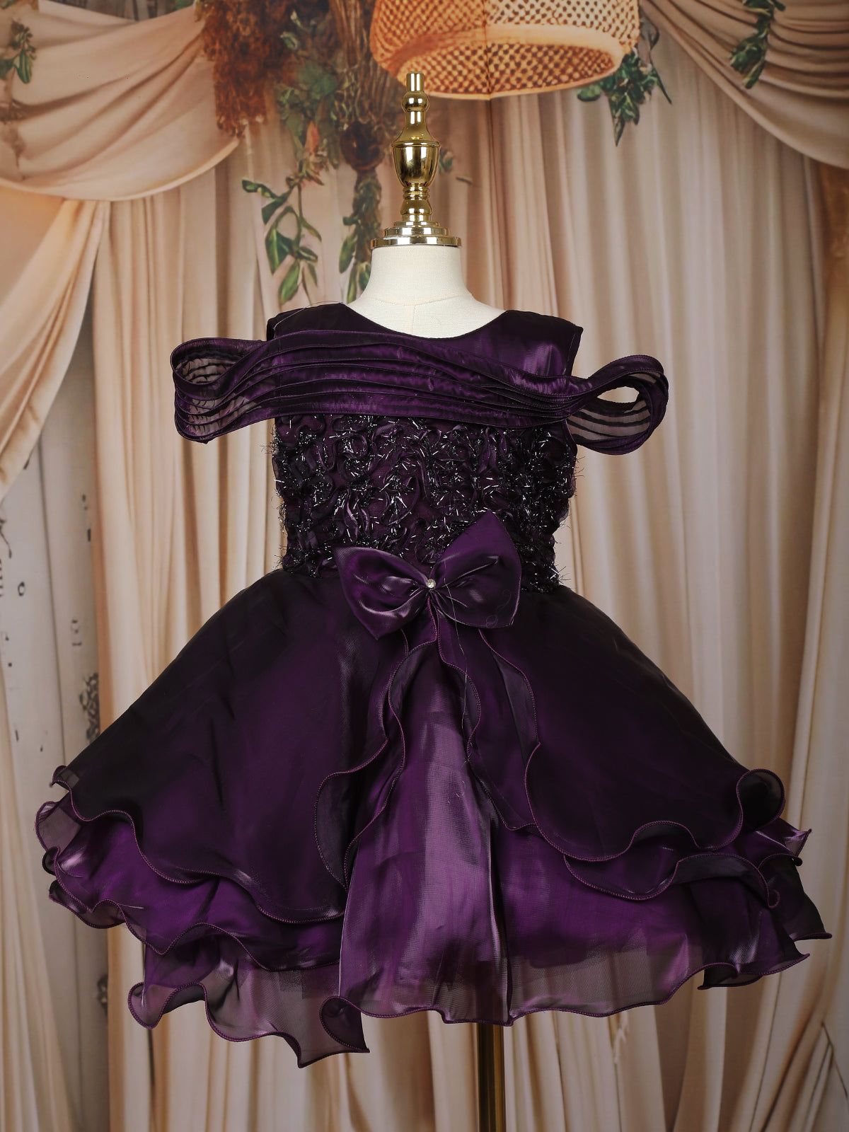 Deep Plum Layered Design Organza Party Frock With Bow Detailing