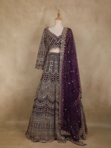 Deep Plum Purple Floral Design Heavy Embroidered Net Lehenga - Diadem
