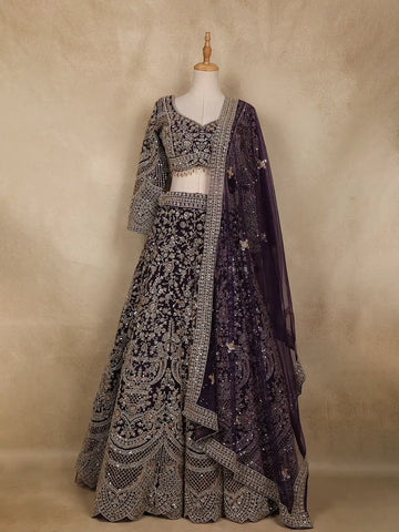Deep Plum Purple Floral Design Heavy Embroidered Net Lehenga - Diadem