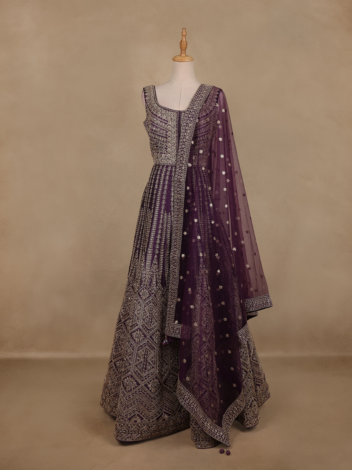 Deep Plum Purple Floral Embroidered Design Net Gown