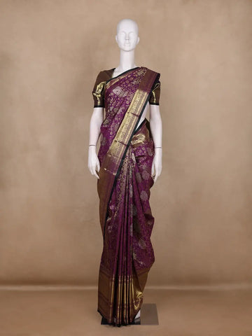 Deep Plum Purple Floral Woven Design Pure Kanchipuram Silk Saree - Diadem
