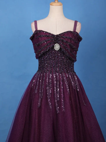 Deep Plum Purple Sequins And Beads Embellished Net Gown - Diadem