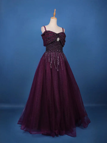 Deep Plum Purple Sequins And Beads Embellished Net Gown - Diadem