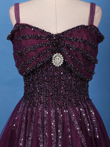 Deep Plum Purple Sequins And Beads Embellished Net Gown - Diadem
