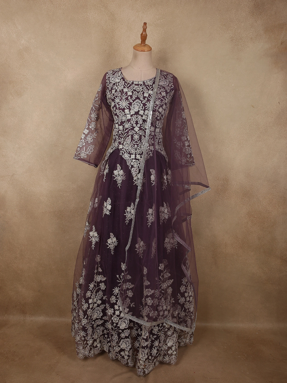 Deep Plum Wine Purple Floral Thread Embroidered Design Net Gown with  Dupatta | Diadem