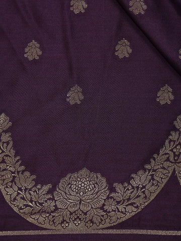 Deep Purple Floral Butta Woven Banarasi Silk Saree - Diadem
