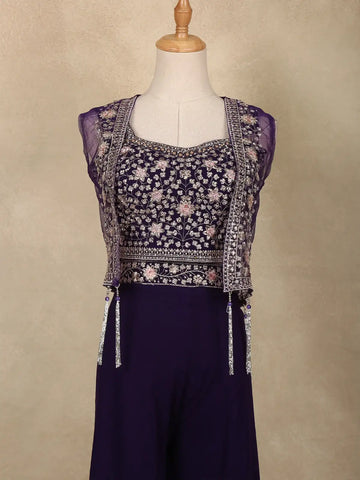 Deep Purple Floral Design Georgette Palazzo Salwar Suit - Diadem