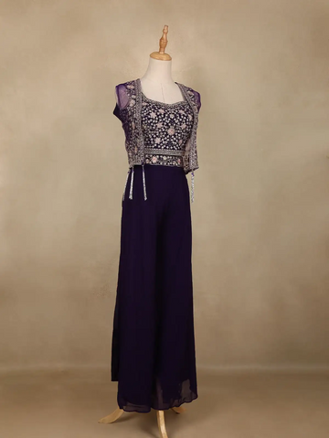 Deep Purple Floral Design Georgette Palazzo Salwar Suit - Diadem