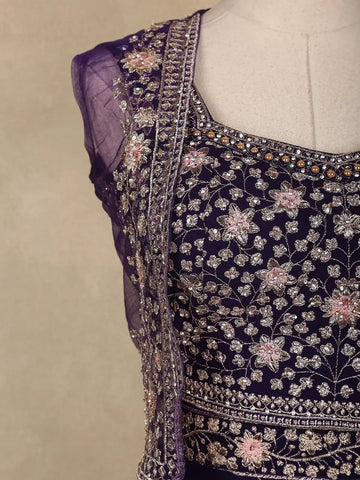 Deep Purple Floral Design Georgette Palazzo Salwar Suit - Diadem