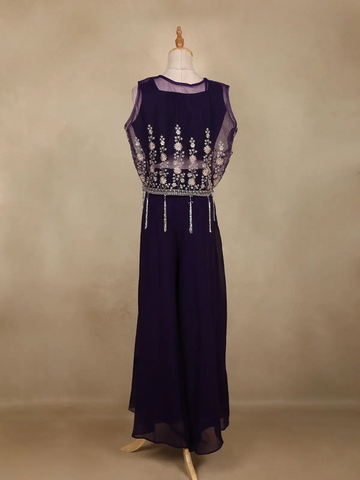 Deep Purple Floral Design Georgette Palazzo Salwar Suit - Diadem