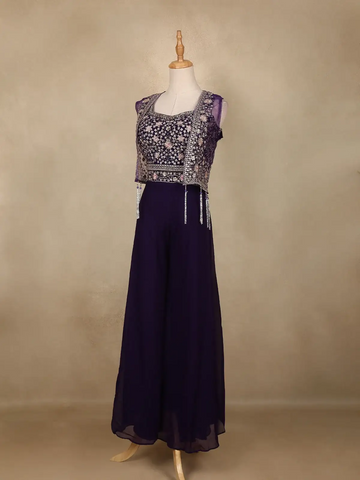 Deep Purple Floral Design Georgette Palazzo Salwar Suit - Diadem