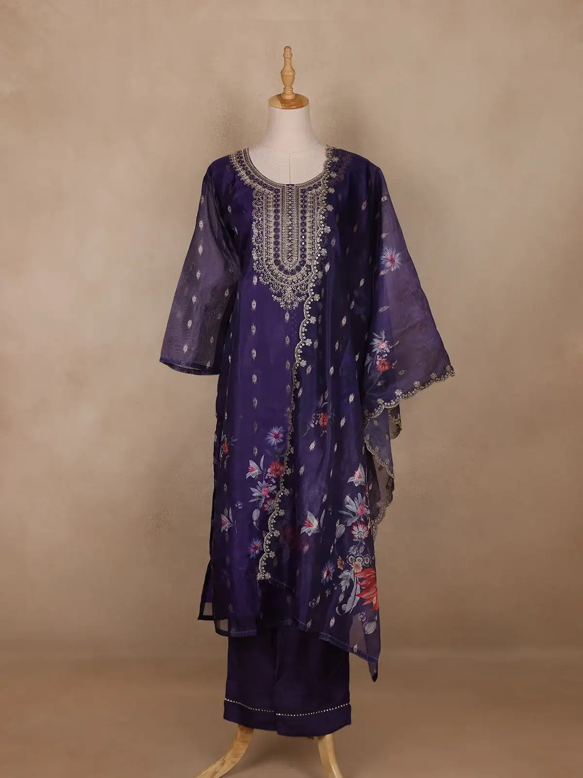Deep Purple Floral Design Organza Salwar Suit - Diadem
