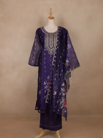 Deep Purple Floral Design Organza Salwar Suit - Diadem