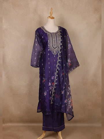 Deep Purple Floral Design Organza Salwar Suit - Diadem