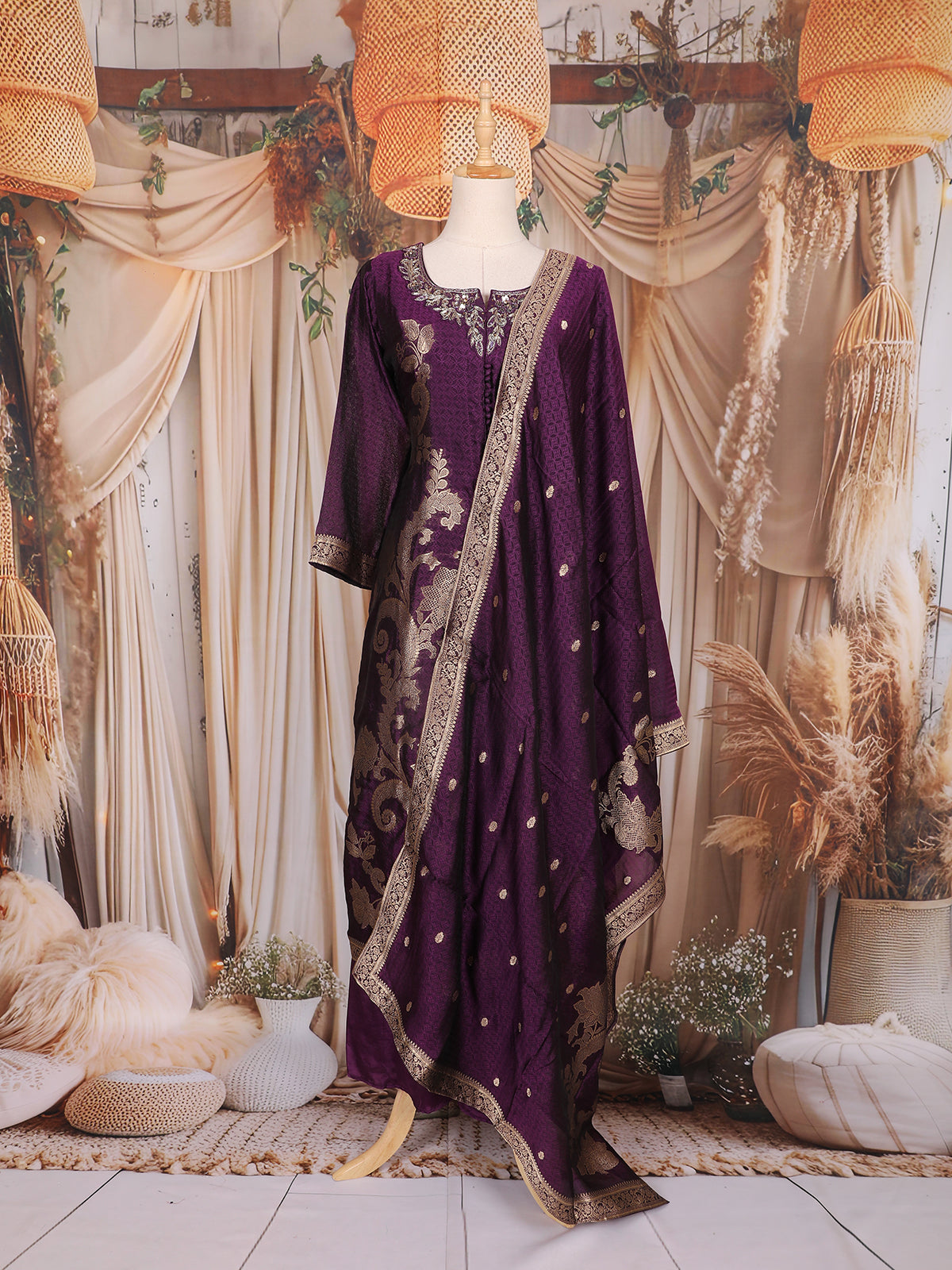 Deep Purple Floral Embroidered Tussar Palazzo Suit