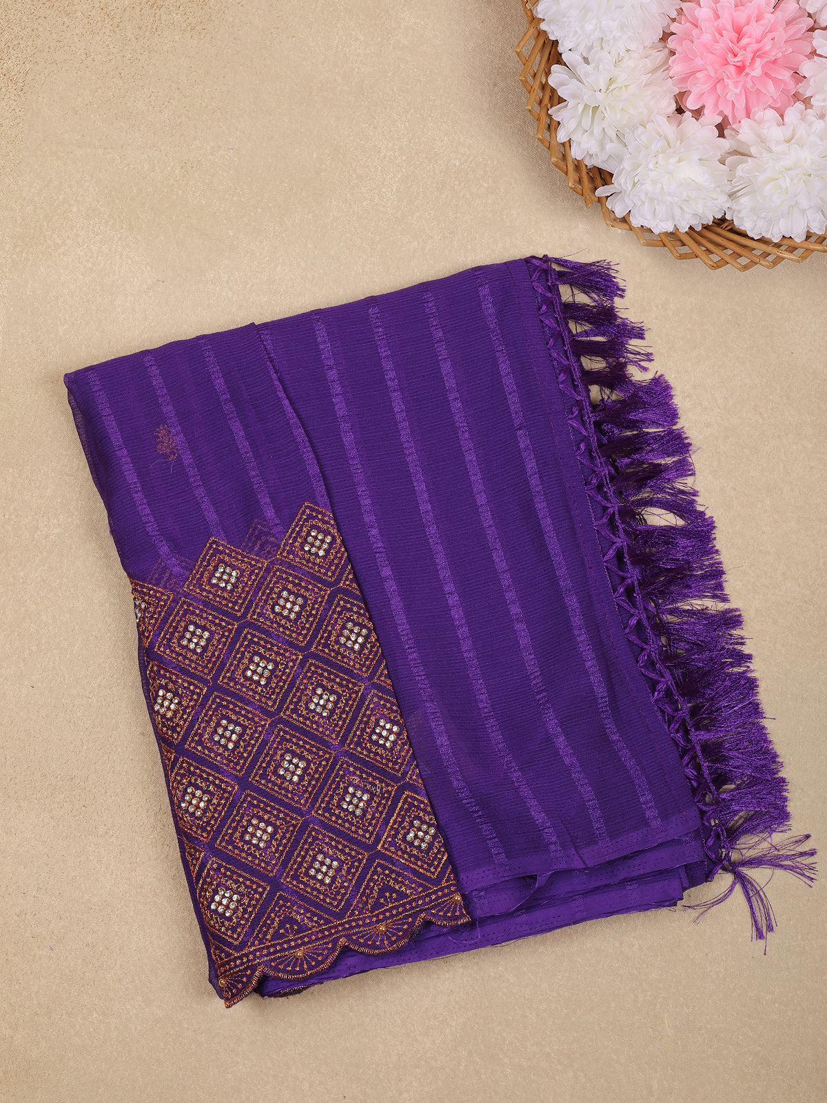 Deep Purple Striped Design Georgette Saree With Designer Blouse