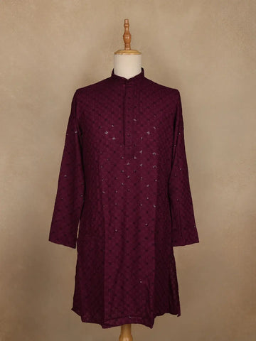 Maroon Thread Embroidered Sequin Work Cotton Kurta For Men - Diadem