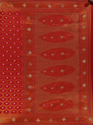 Deep Red Floral Woven Banarasi Silk Saree With Stone Embellished Border - Diadem