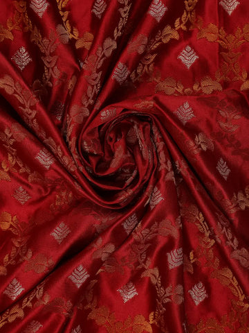 Deep Red Floral Woven Banarasi Silk Saree With Stone Embellished Border - Diadem