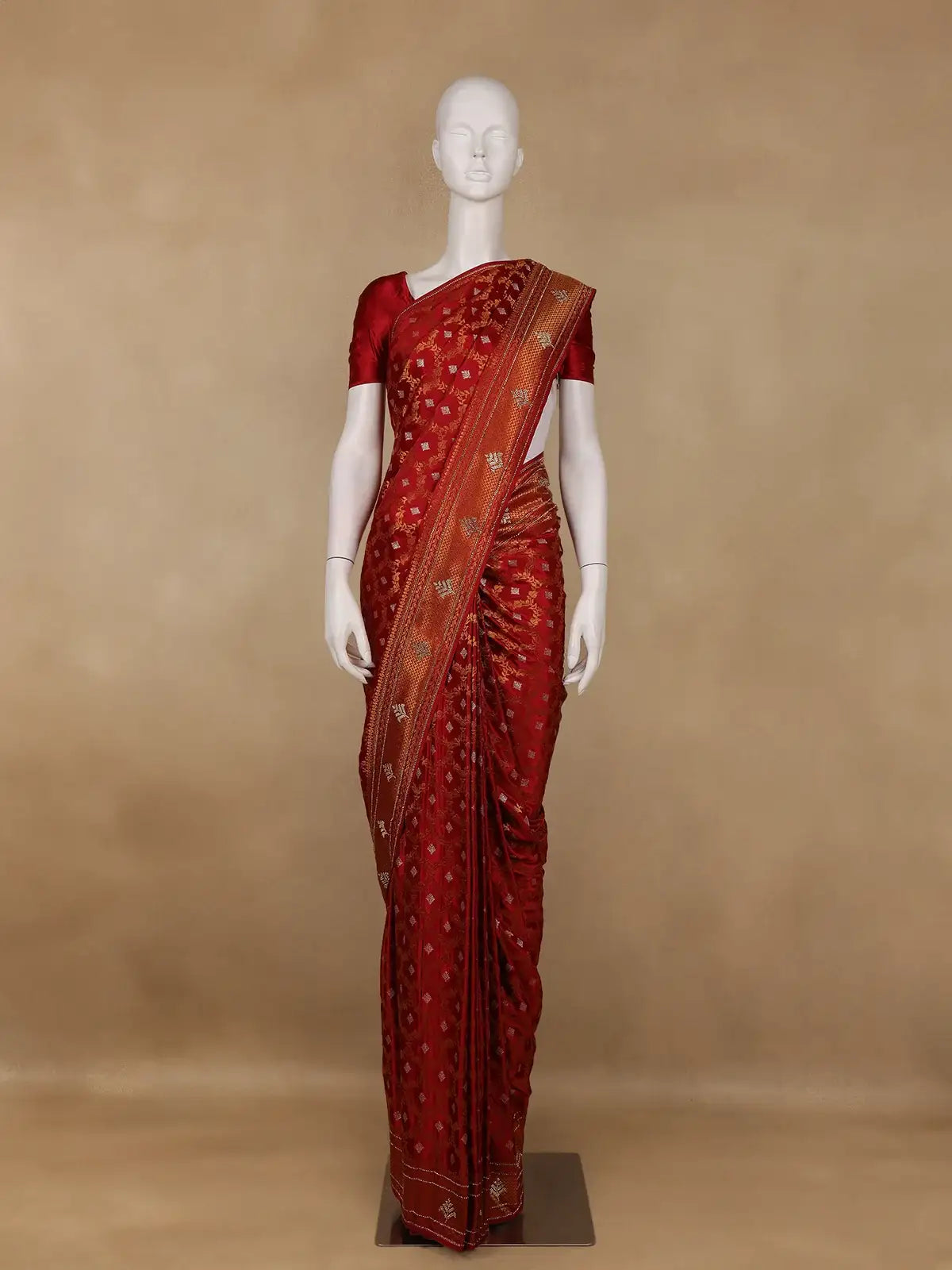 Deep Red Floral Woven Banarasi Silk Saree With Stone Embellished Border - Diadem
