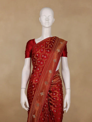 Deep Red Floral Woven Banarasi Silk Saree With Stone Embellished Border - Diadem
