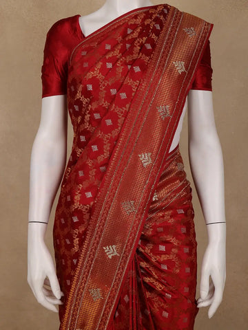 Deep Red Floral Woven Banarasi Silk Saree With Stone Embellished Border - Diadem