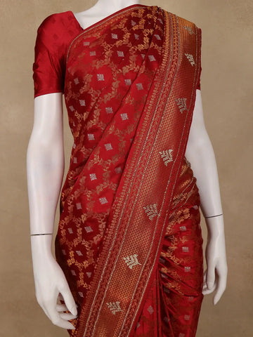 Deep Red Floral Woven Banarasi Silk Saree With Stone Embellished Border - Diadem