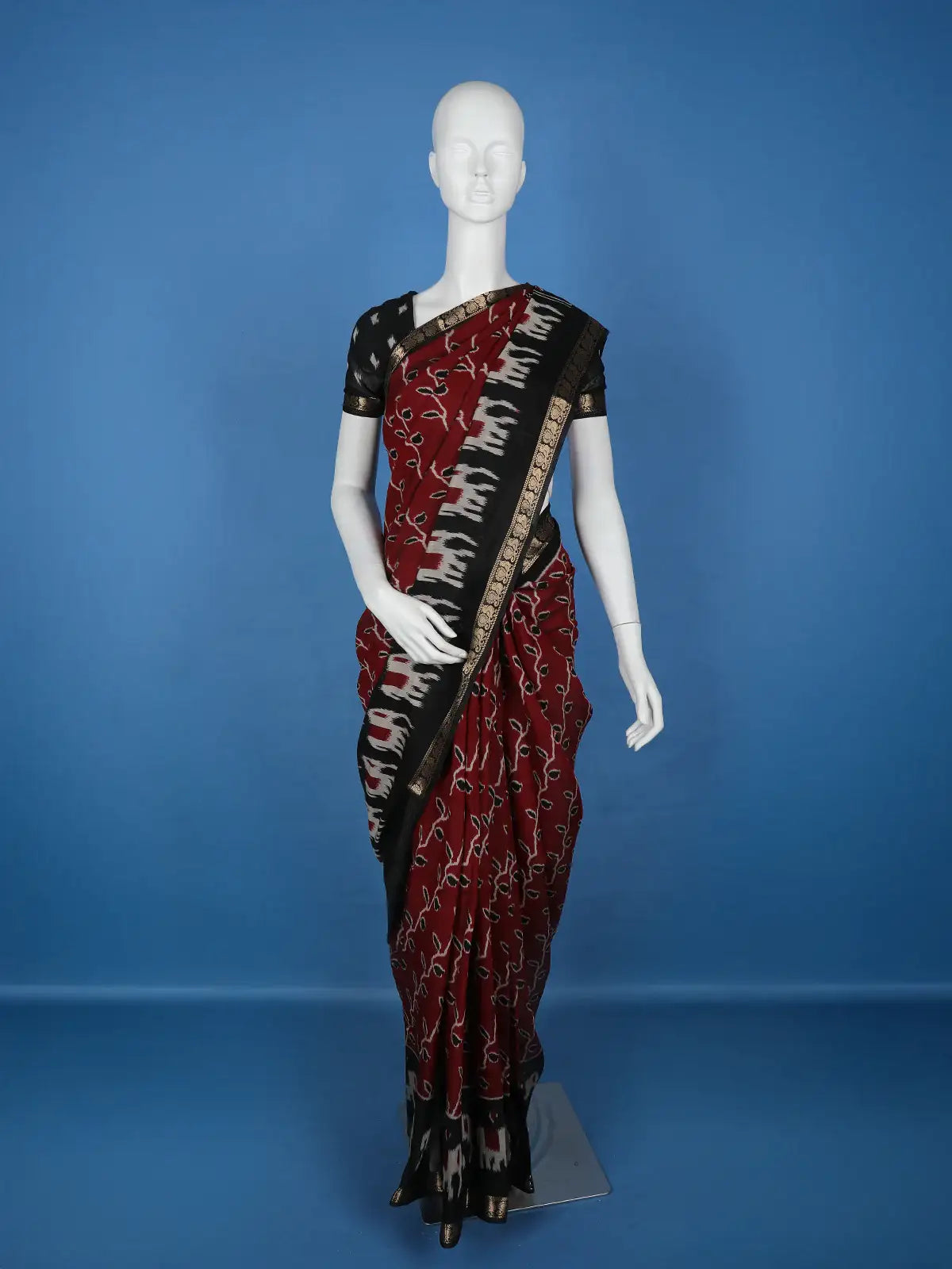 Deep Red Leaf Printed Chiffon Saree - Diadem