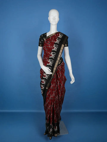 Deep Red Leaf Printed Chiffon Saree - Diadem