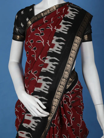 Deep Red Leaf Printed Chiffon Saree - Diadem