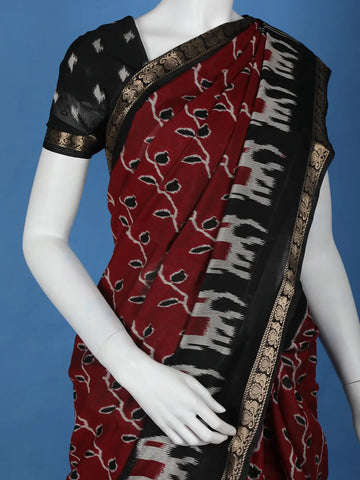 Deep Red Leaf Printed Chiffon Saree - Diadem