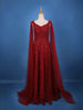 Deep Red Sequin Embellished Net Gown with Draped Sleeves - Diadem