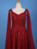 Deep Red Sequin Embellished Net Gown with Draped Sleeves - Diadem