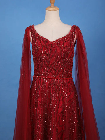 Deep Red Sequin Embellished Net Gown with Draped Sleeves - Diadem