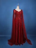 Deep Red Sequin Embellished Net Gown with Draped Sleeves - Diadem