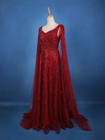 Deep Red Sequin Embellished Net Gown with Draped Sleeves - Diadem