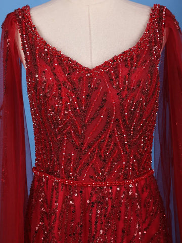 Deep Red Sequin Embellished Net Gown with Draped Sleeves - Diadem