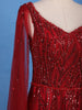 Deep Red Sequin Embellished Net Gown with Draped Sleeves - Diadem